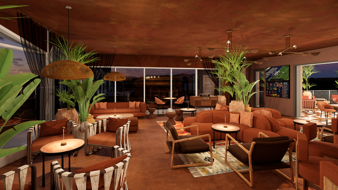 The interior of the Elora Sky Club rooftop bar at the Caravan Court Hotel opening in spring 2026 in Arlington.