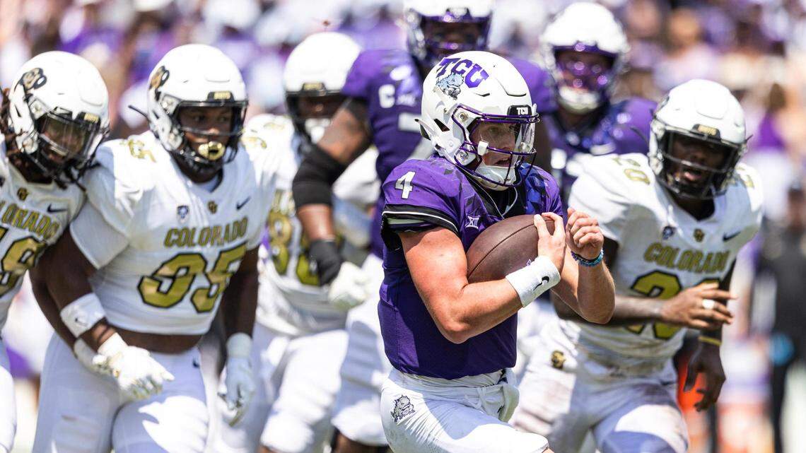 TCU quarterback Chandler Morris (4) runs the ball in the end zone in the fourth quarter of a college football game between the TCU Horned Frogs and the Colorado Buffaloes at Amon G. Carter Stadium in Fort Worth on Saturday, Sept. 2, 2023.