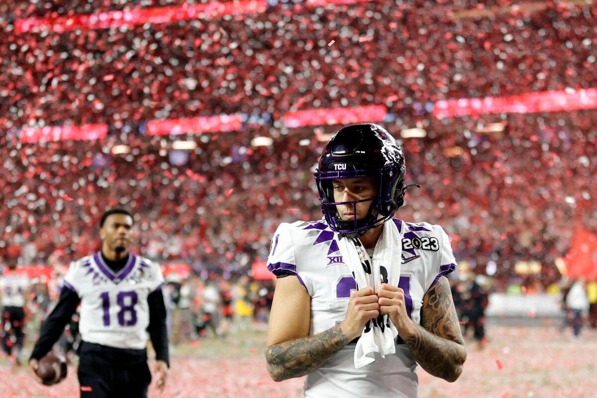 TCU safety Carter Bir leaves the field after a loss against Georgia during the College Football Playoff National Championship on Monday, Jan. 9, 2023, at SoFi Stadium in Inglewood, Calif. The Bulldogs defeated the Horned Frogs, 65-7.