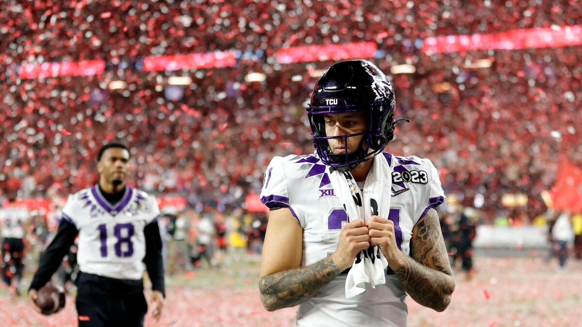 TCU safety Carter Bir leaves the field after a loss against Georgia during the College Football Playoff National Championship on Monday, Jan. 9, 2023, at SoFi Stadium in Inglewood, Calif. The Bulldogs defeated the Horned Frogs, 65-7.