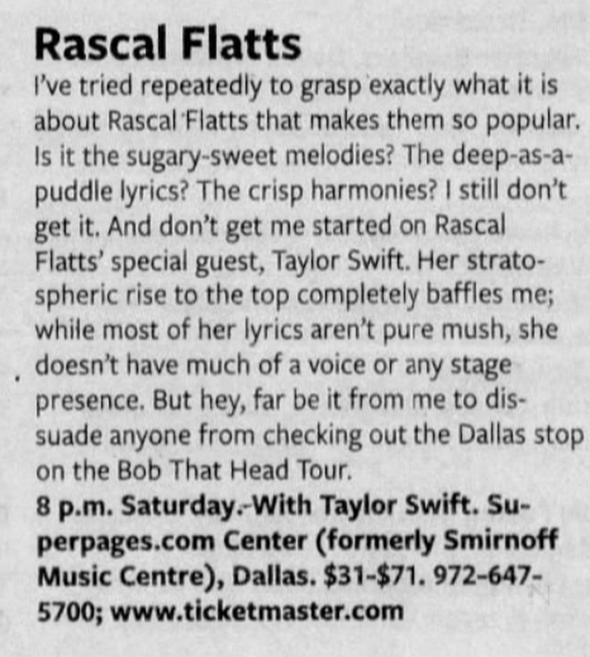 A preview of Rascal Flatts Dallas concert in the June 20, 2008, edition of the Fort Worth Star-Telegram.