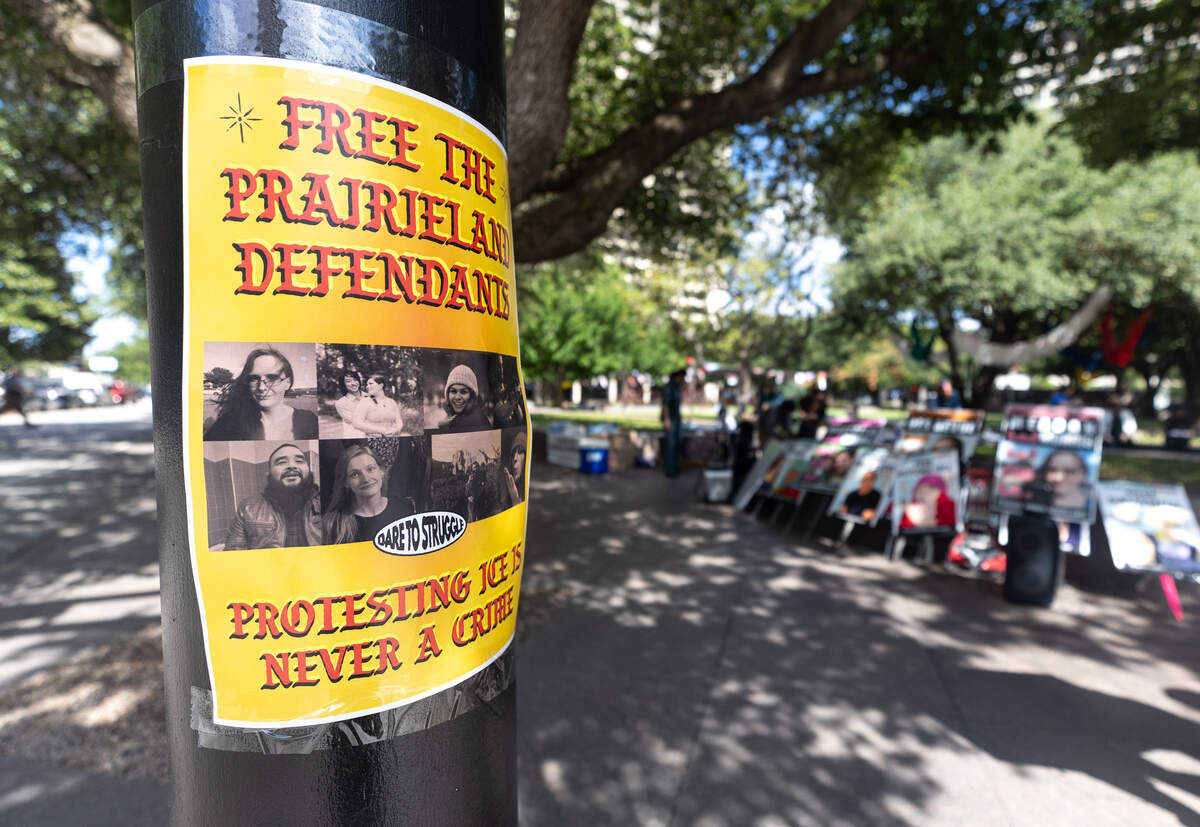 Friends of the defendants convicted in the Prairieland ICE Detention Center terrorism case brought signs to show their support as seven of the defendants were sentenced Wednesday, July 1, 2026, in Fort Worth, Texas.
