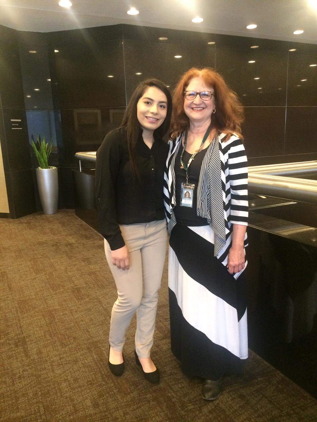Noemi Barrios Ramirez, 18, said her Trimble Tech family helped her find academic success even as she struggled with homelessness. She is pictured her with teacher Ann Wood.