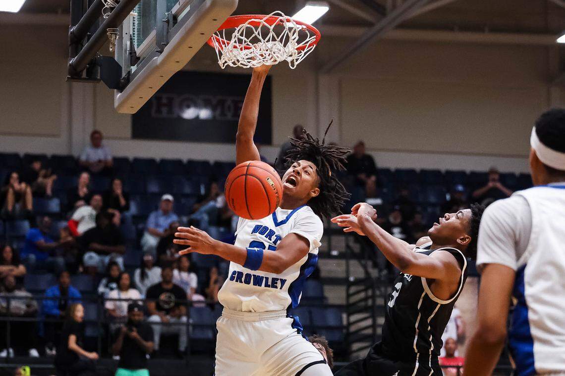 North Crowley guard Jonathan Fox (21) screams in reaction after making a dunk on a Coppell defender in the UIL 6A D1 regional semifinal at Timberview High School in Arlington, Texas, Tuesday, March 3, 2026.