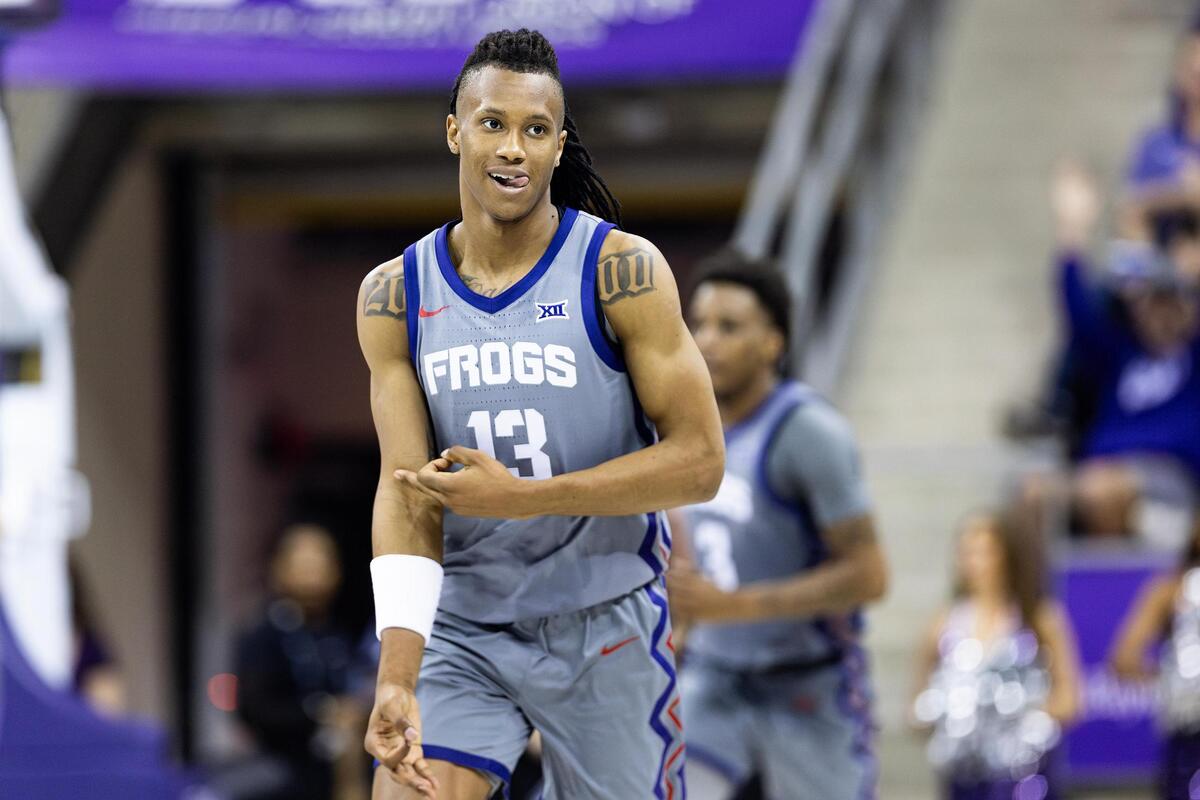 TCU guard Trazarien White (13) celebrates after making a three-point shot in the second half of an NCAA game between TCU and Kansas State at Schollmaier Arena in Fort Worth on Saturday, Jan. 4, 2025.