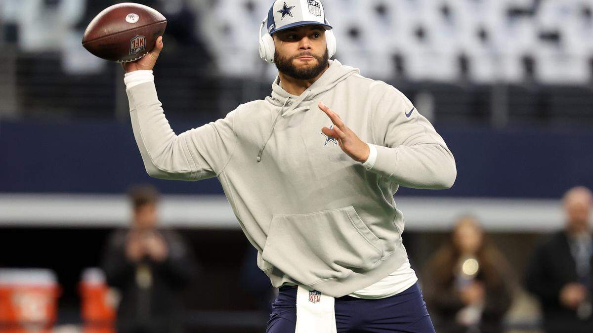 Jan 14, 2024; Arlington, Texas, USA; Dallas Cowboys quarterback Dak Prescott (4) prepares for the game against the Green Bay Packers before the 2024 NFC wild card game at AT&T Stadium. Kevin Jairaj-USA TODAY Sports