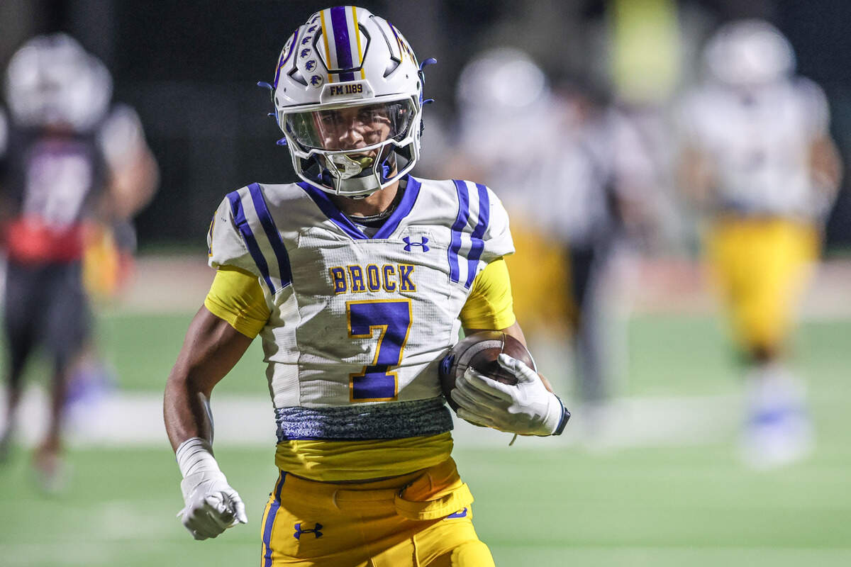 Brock’s Colt Matlock (7) runs after the catch for a long touchdown against Fort Worth Southwest on Thursday, Sept. 18, 2025 at Scarborough-Handley Field in Fort Worth, Texas.