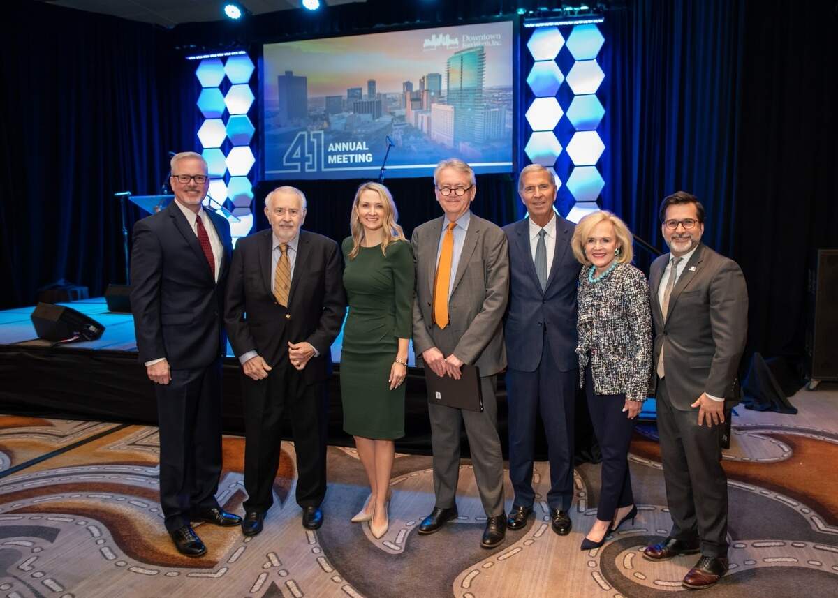 From left to right, Andy Taft, Ken Devero, Michael Bennett, Mattie Parker, Bob Rowling, Elaine Agather and Bobby Ahdieh pose at Downtown Fort Worth, Inc.’s 41st annual meeting.