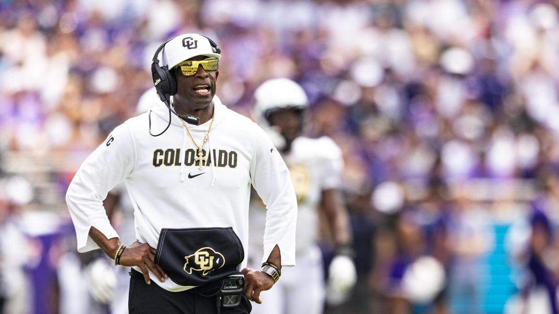 Colorado Head Coach Deion Sanders barks at the referees after calling a fumble in the second quarter during a college football game between the TCU Horned Frogs and the Colorado Buffaloes at Amon G. Carter Stadium in Fort Worth on Saturday, Sept. 2, 2023.