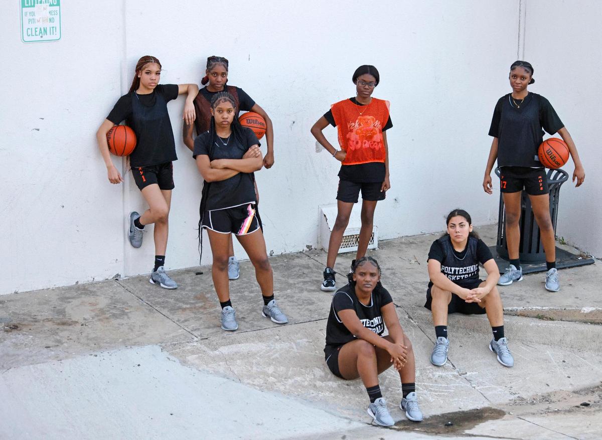 Cecilia Aguilar, Taty Fannin, Lauren Watson, Kassidy Young, Lakendra Williams, Merveille Ikibasimba and Serenity Tolbert photographed after practice at Polytechnic High School outside gym in Fort Worth, Texas, Thursday, Feb. 06, 2025.