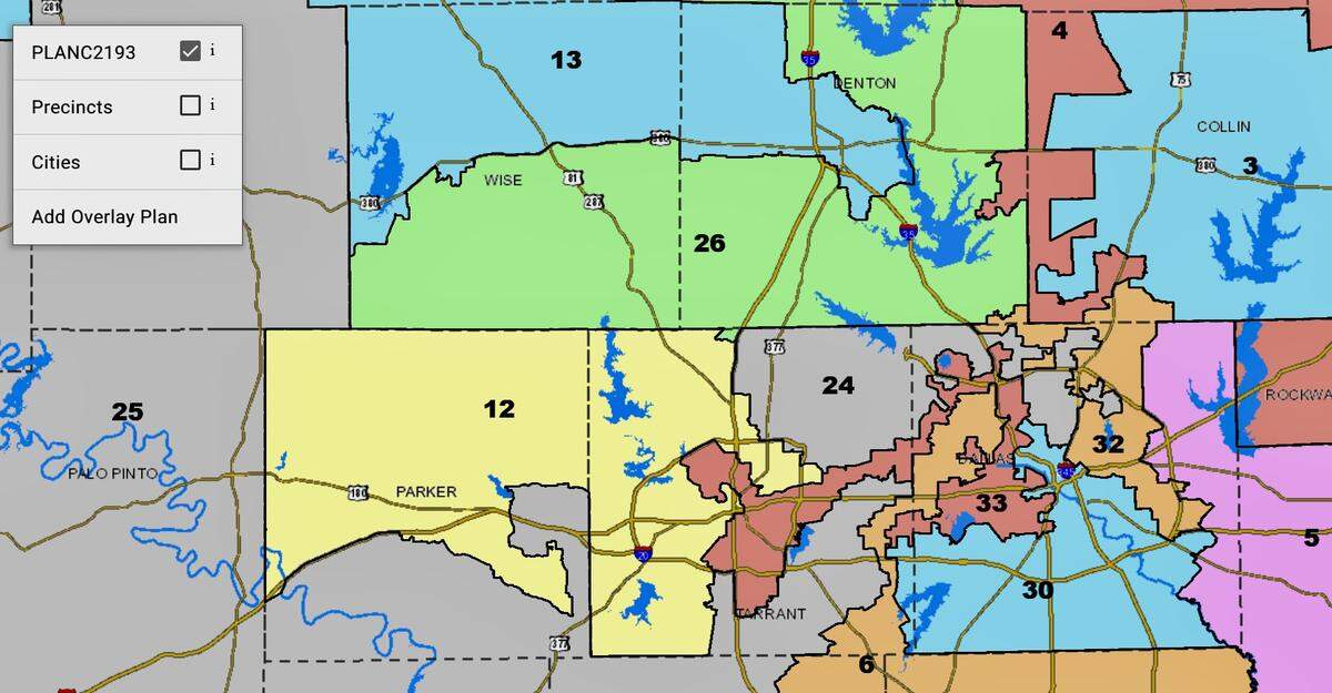 The map of Texas congressional districts. Tarrant County is represented by Republicans Craig Golman (12), Roger Williams (25), Beth Van Duyne (24), Jake Ellzey (6) and Brandon Gill (26), along with Democrats Marc Veasey (33) and Jasmine Crockett (30).