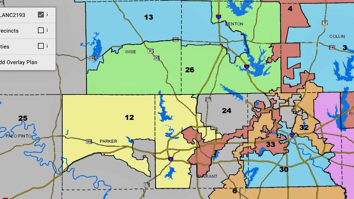 The map of Texas congressional districts. Tarrant County is represented by Republicans Craig Golman (12), Roger Williams (25), Beth Van Duyne (24), Jake Ellzey (6) and Brandon Gill (26), along with Democrats Marc Veasey (33) and Jasmine Crockett (30).