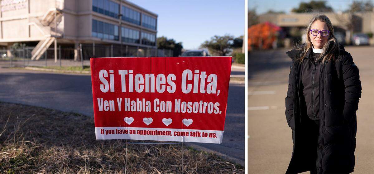 (Left) A sign alerts those showing up to the U.S. Immigration and Customs Enforcement (ICE) field office in Dallas for appointments to check in with a group of volunteers before entering on Friday, Jan. 16, 2026. (Right) Rev. Mara Richards Bim first became involved with a group of clergy that were holding vigils outside the field office. Her work has since evolved to court watching at the federal courthouse and volunteering at the tents outside field office.
