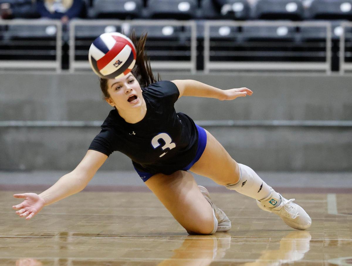 Byron Nelson Emily Housknecht (3) attempts to dig one out during the UIL 6A D2 State Final volleyball match at Curtis Culwell Center in Garland Texas, Saturday, Nov. 23, 2024.