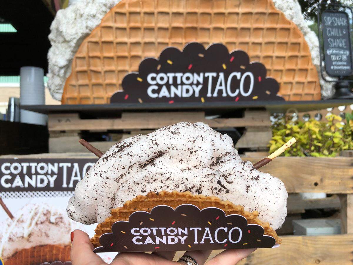 The Cotton Candy Taco is cotton candy inside a graham cracker-infused waffle-cone taco.