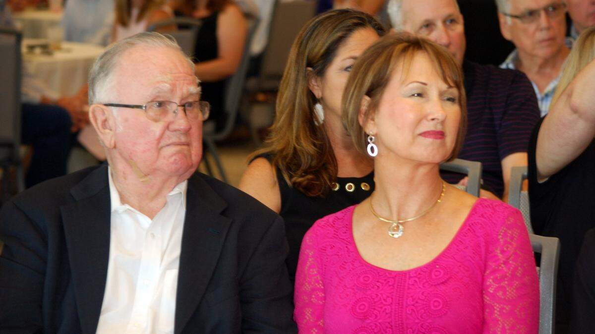 Don Bowden sits with his daughter, Donna Bowden Winborn, during ceremonies opening the The Bowden in 2017.