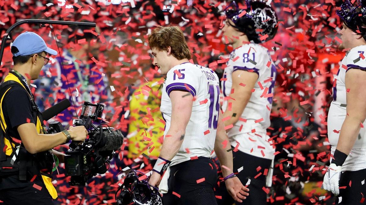 TCU quarterback Max Duggan leaves the field after the Horned Frogs 65-7 defeat by Georgia at the 2023 College Football Playoff National Championship on Monday, January 9, 2023, at SoFi Stadium in Inglewood, Calif.