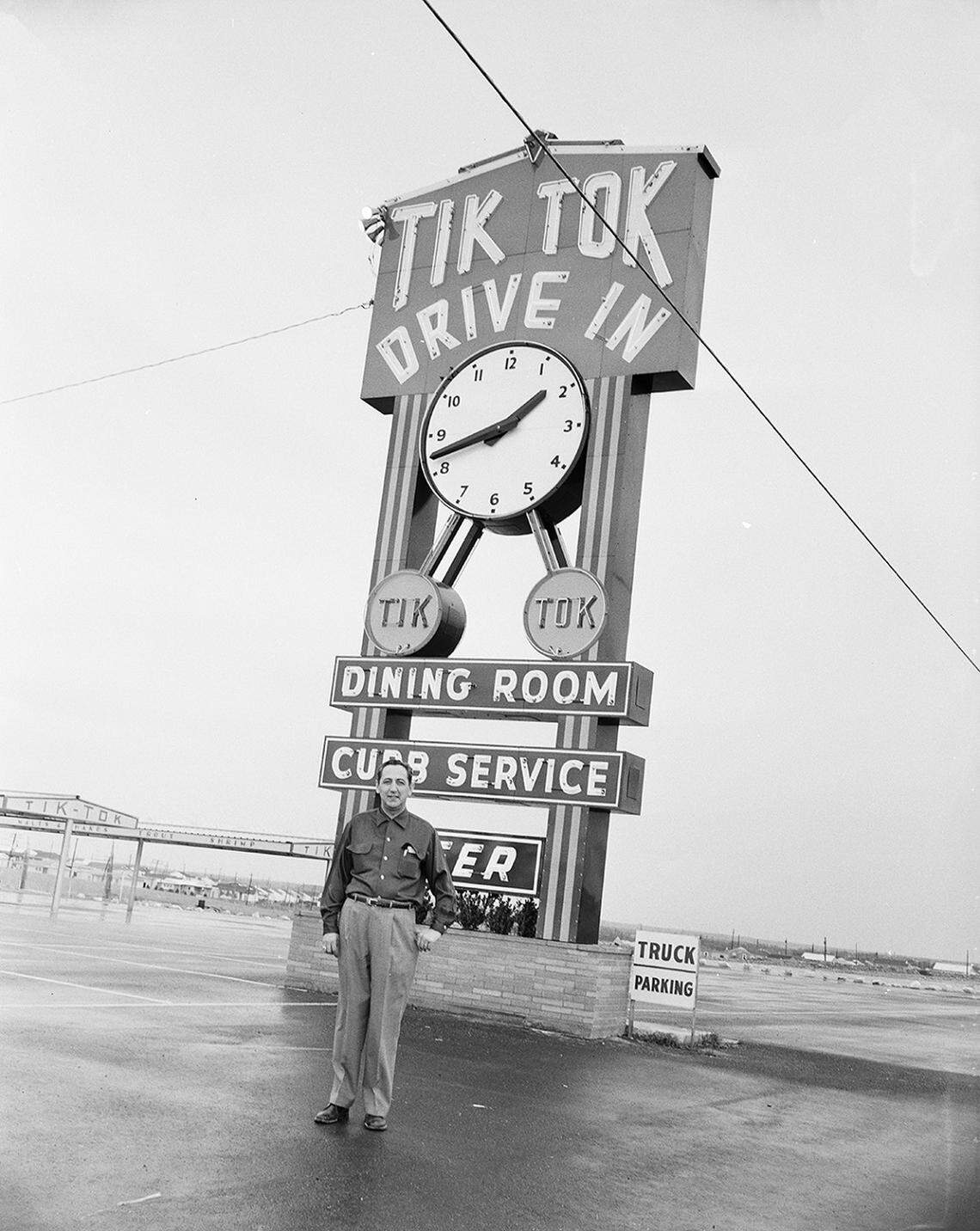 April 5, 1956: Irving Kluger, owner of new Tik Tok Drive-in restaurant, 4501 Benbrook Highway, which will be open 24 hours a day. (The location today is a bingo hall). Another Tik Tok is located at 4000 White Settlement Road (near Crestwood Drive).