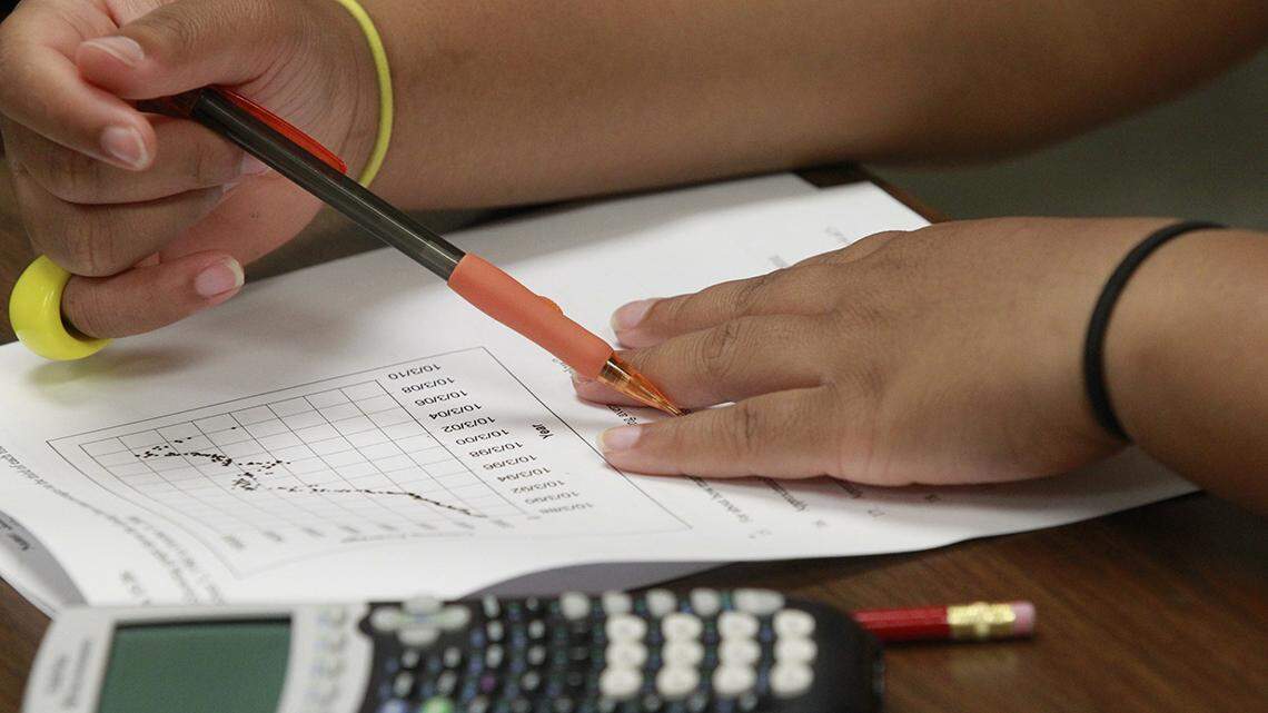 A student takes a remedial math class at Haltom High School to study for STAAR state standardized tests.