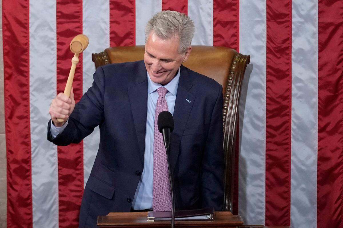 Incoming House Speaker Kevin McCarthy of Calif., holds the gavel on the House floor at the U.S. Capitol in Washington, early Saturday, Jan. 7, 2023. (AP Photo/Andrew Harnik)