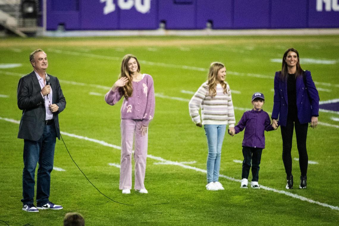 New TCU football head coach Sonny Dykes introduces his family after they arrived by helicopter on Monday, Nov. 29, 2021, at Amon G. Carter Stadium.