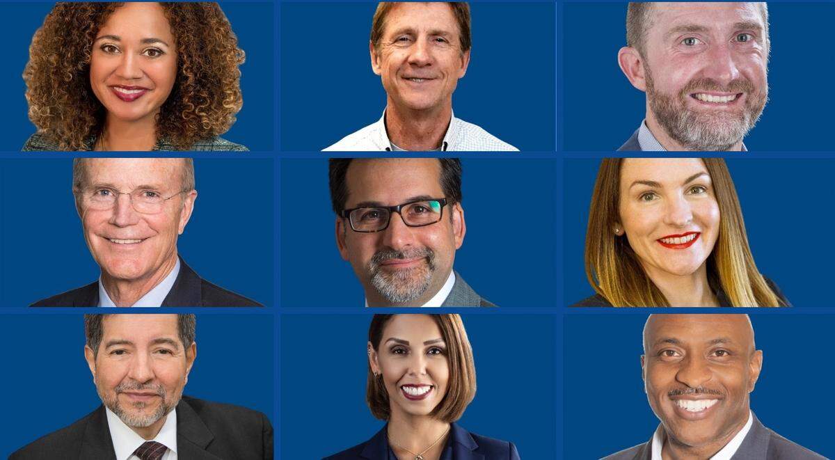 A nine-person Board of Managers is replacing Fort Worth ISD’s elected school board members, starting on March 24, 2026. They are, top row from left: Courtney Lewis, Frost Prioleau and Tennessee Walker; middle: Pete Geren, Bobby Ahdieh and Laurie George; bottom: Luis A. Galindo, Rosa Maria Berdeja and Jay Stegall.