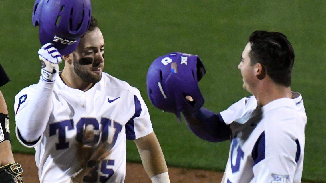 TCU's A.J. Balta, left, celebrates at home plate with Josh Watson after hitting a two-run home run against Texas Tech in April.  The Horned Frogs beat Texas Tech 12-2 in seven innings Wednesday night in their Big 12 tournament opener. Balta had four RBIs.