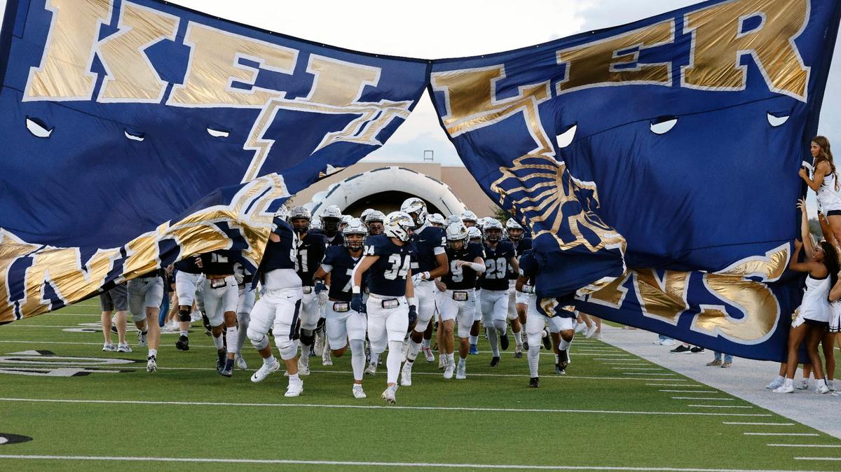 The Keller Indians enter the field for the first half of a UIL football game at Keller ISD Stadium in Keller, Texas, Thursday, Oct. 05, 2023.