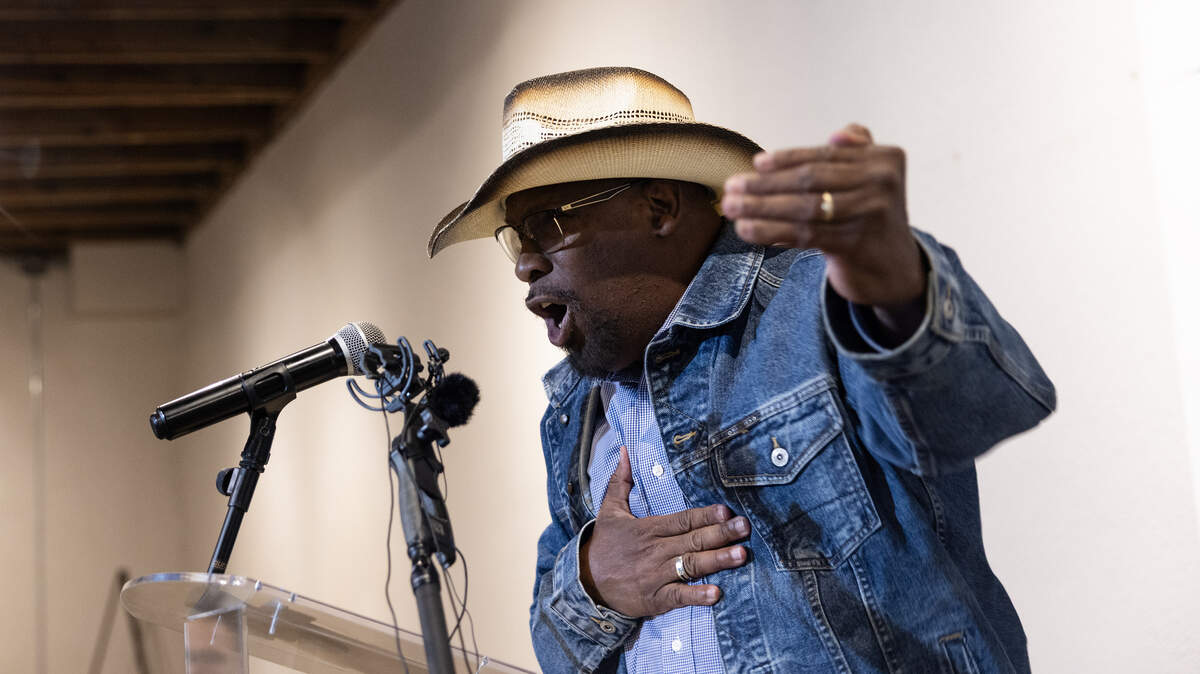 Wallace Bridges, a Fort Worth ISD school board trustee, speaks to the media gathered for a press conference regarding the Texas Education Agency’s takeover of the district at Blank Space in Fort Worth on Oct. 24, 2025.