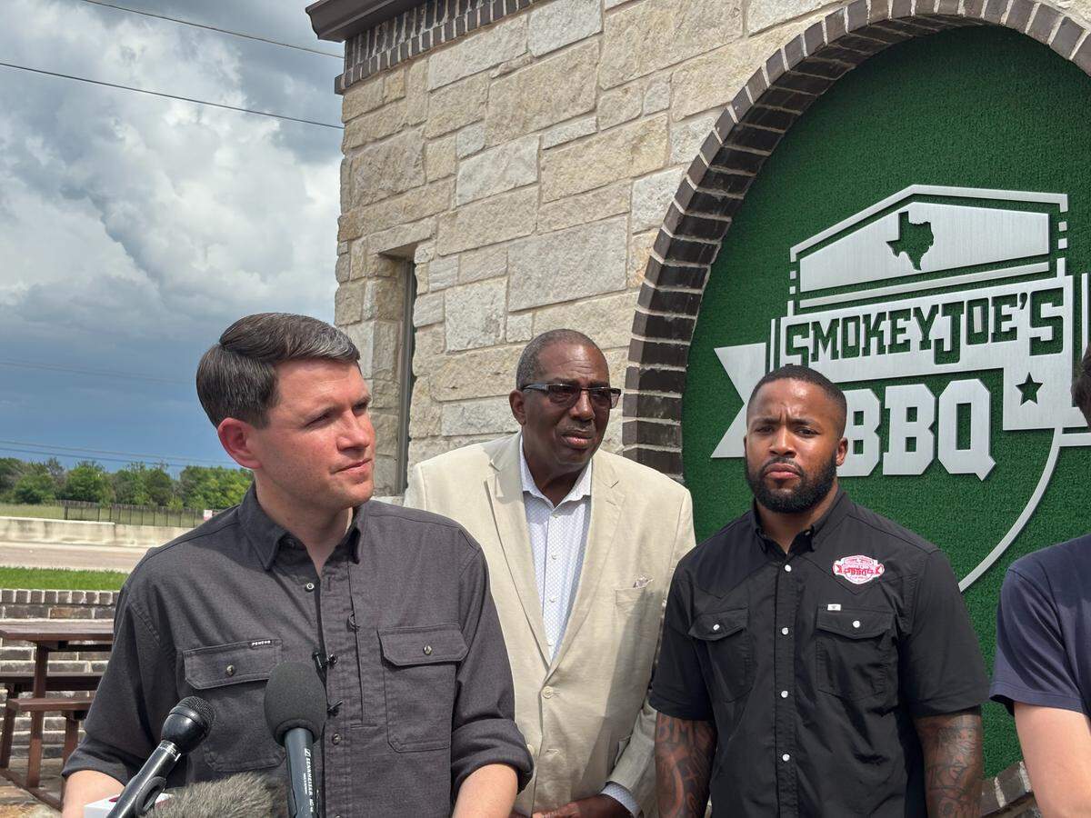 Democratic candidate for U.S. Senate James Talarico answers questions from the press in front of Smokey Joe’s BBQ in South Dallas on June 2, 2026.