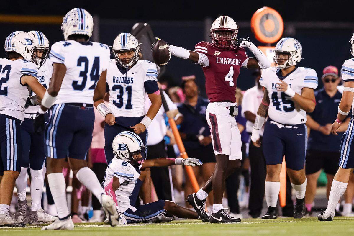 Keller Central wide receiver Jeremiah Taylor signals a first down after a long catch and run into L.D. Bell territory during a district game between Keller Central and L.D. Bell at Keller ISD Stadium in Keller, Texas on October 16, 2025.