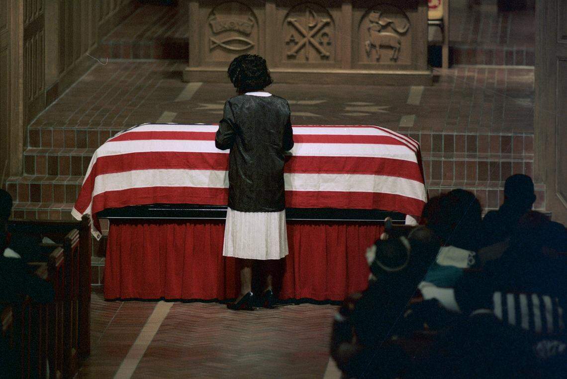 July 31, 1988: Susan Munson recites a poem at the funeral of her father, the Rev. Dr. Paul A. Sims, at University Christian Church. The Fort Worth minister and civil rights pioneer died of a heart attack at age 65. About 1,000 people attended the service.