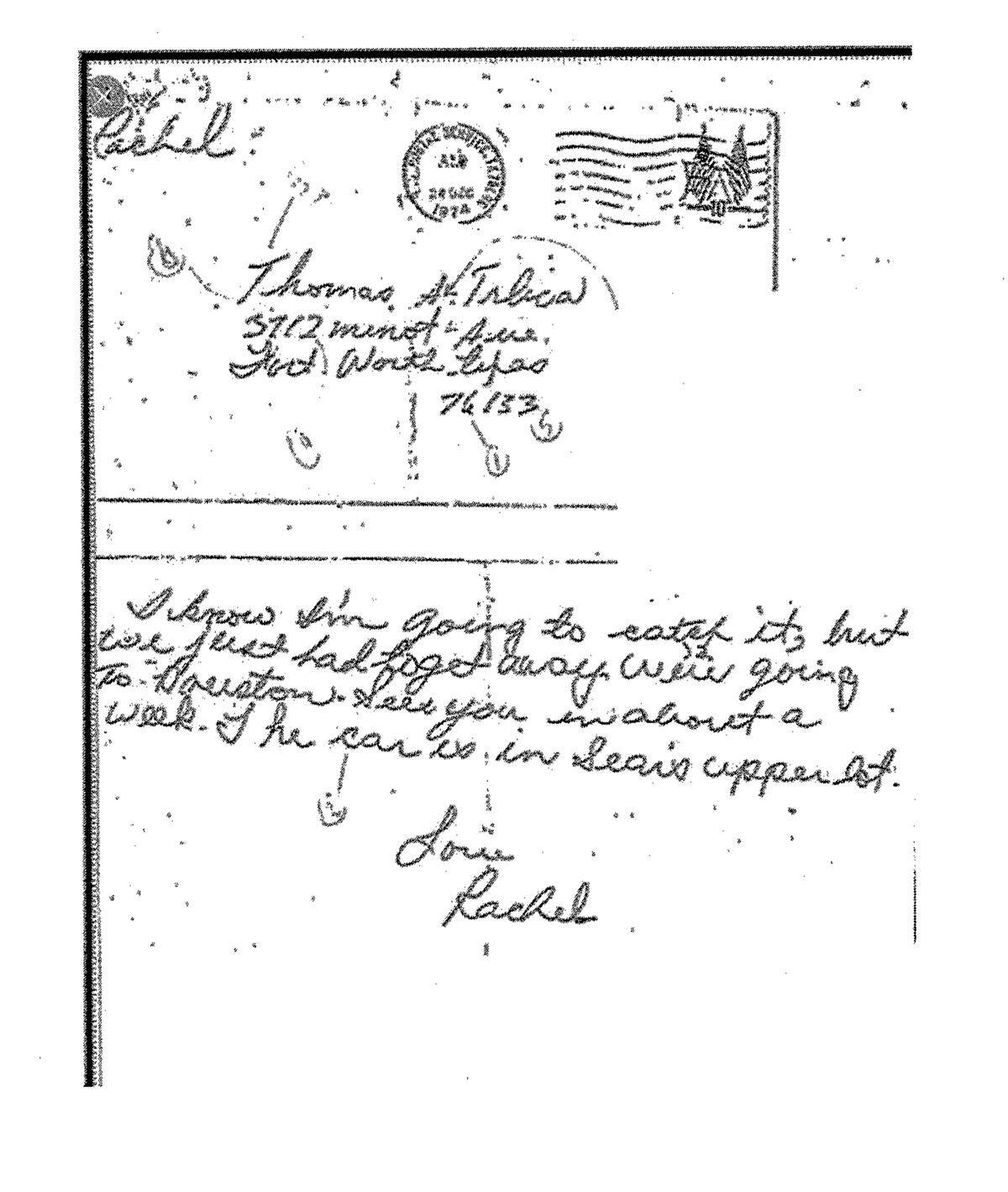 A copy of the envelope and letter that the family of Rachel Trlica received following her disappearance in 1974.