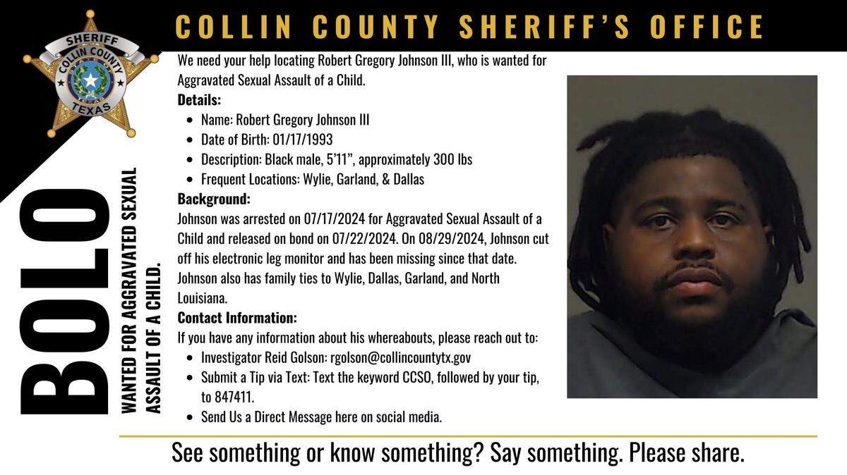 An alert issued by the Collin County Sheriff’s Office for a missing suspect.