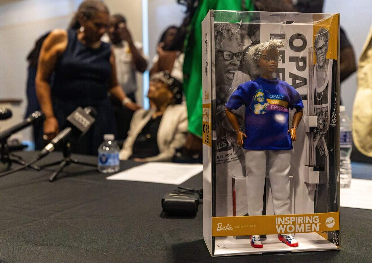 A Barbie doll of Opal Lee, sits on a table during the Juneteenth press conference at the Bob Bolen Public Safety Complex on Thursday, June 18, 2026. Lee began her career as a teacher and counselor in the Fort Worth Independent School District.