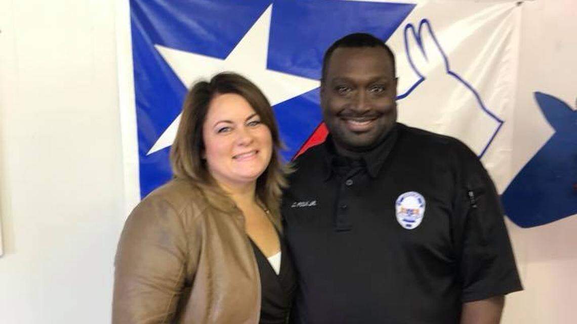 Jana Lynne Sanchez (left) and Curtis Polk Jr. (right) campaigning together in 2018. Polk, a constable in Ellis County, questioned why his office was moved to the basement near a segregation-era “Negroes” sign in November.