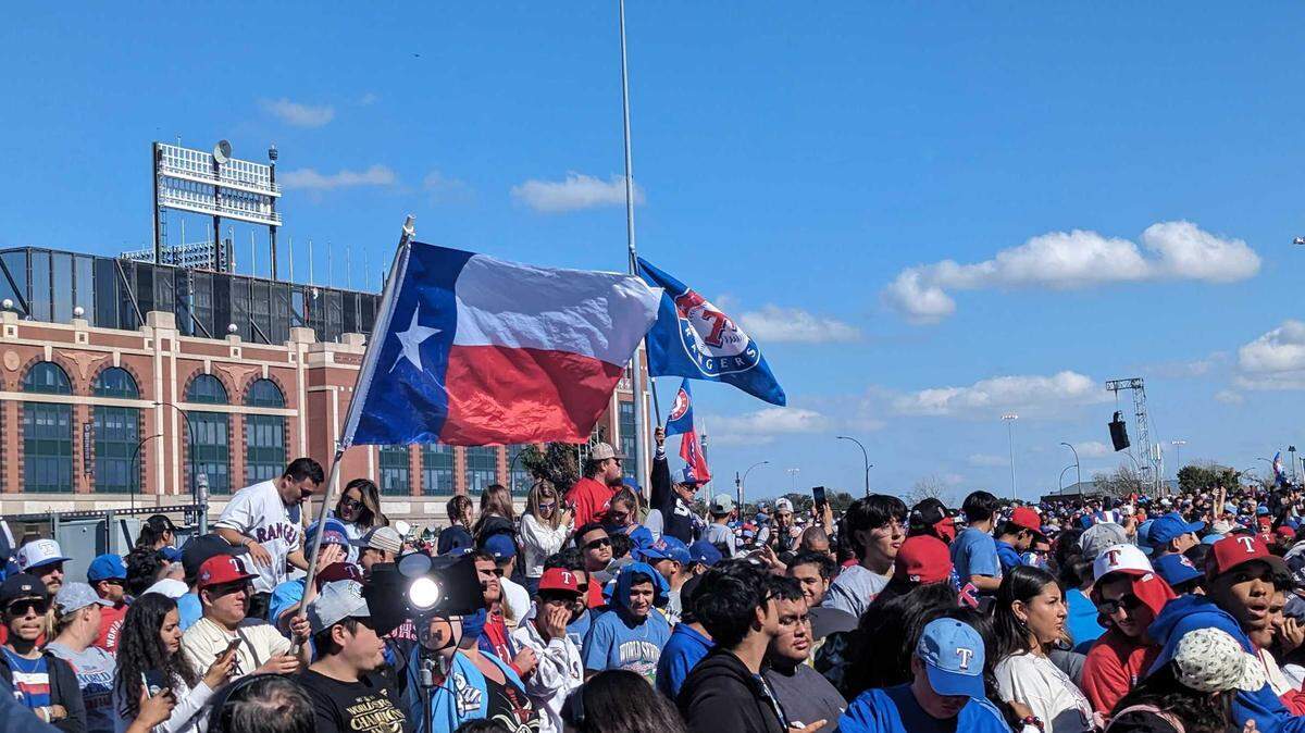 A sea of fans after the parade crowded outside Globe Life Field in Arlington for a ceremony with the World Series champions, the Texas Rangers, on Friday, Nov. 3, 2023.