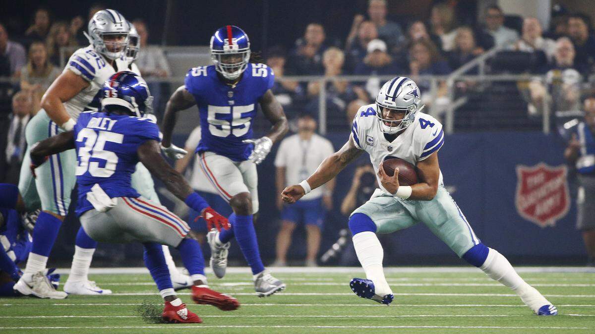 Dallas Cowboys quarterback Dak Prescott rushed for a career-high 46 yards on six carries Sunday night in the Cowboys’ 20-13 win over the New York Giants.