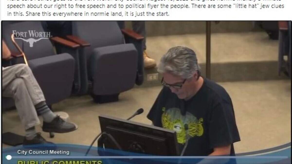 A post on the social media site Gab, of a video clip of David Bloyed speaking during a Fort Worth City Council public comments session Aug. 15. Bloyed was arrested in Tennessee after threatening to kill a public official.