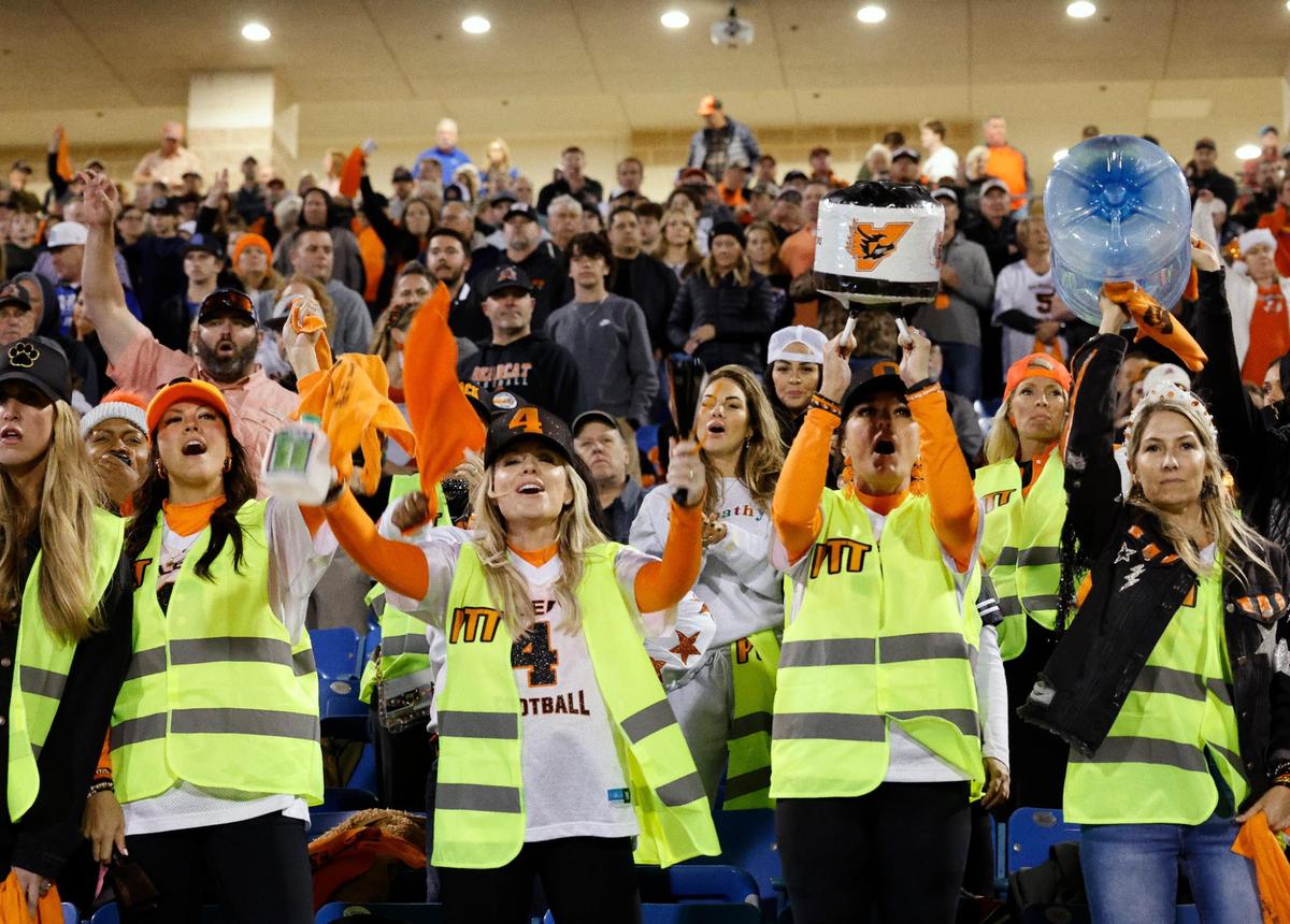 Bearcat fans celebrate a score during the second half of a UIL Conference 5A Division I Semifinal football playoff game at Midlothian ISD Stadium in Midlothian, Texas, Friday, Dec. 08, 2023. Aledo defeated Forney 43-7. (Special to the Star-Telegram Bob Booth)
