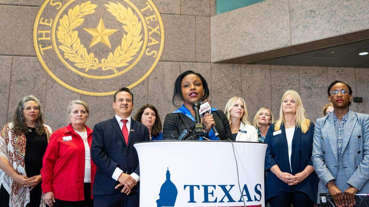 Keisha Russell, with the First Liberty Institute, speaks at a Texas Values press conference held outside a State Board of Education Meeting regarding the adoption state developed curriculum, Sept. 10, 2024 at the William B. Travis State Office Building in Austin, Texas. Texas Values stands in support of the proposed curriculum.