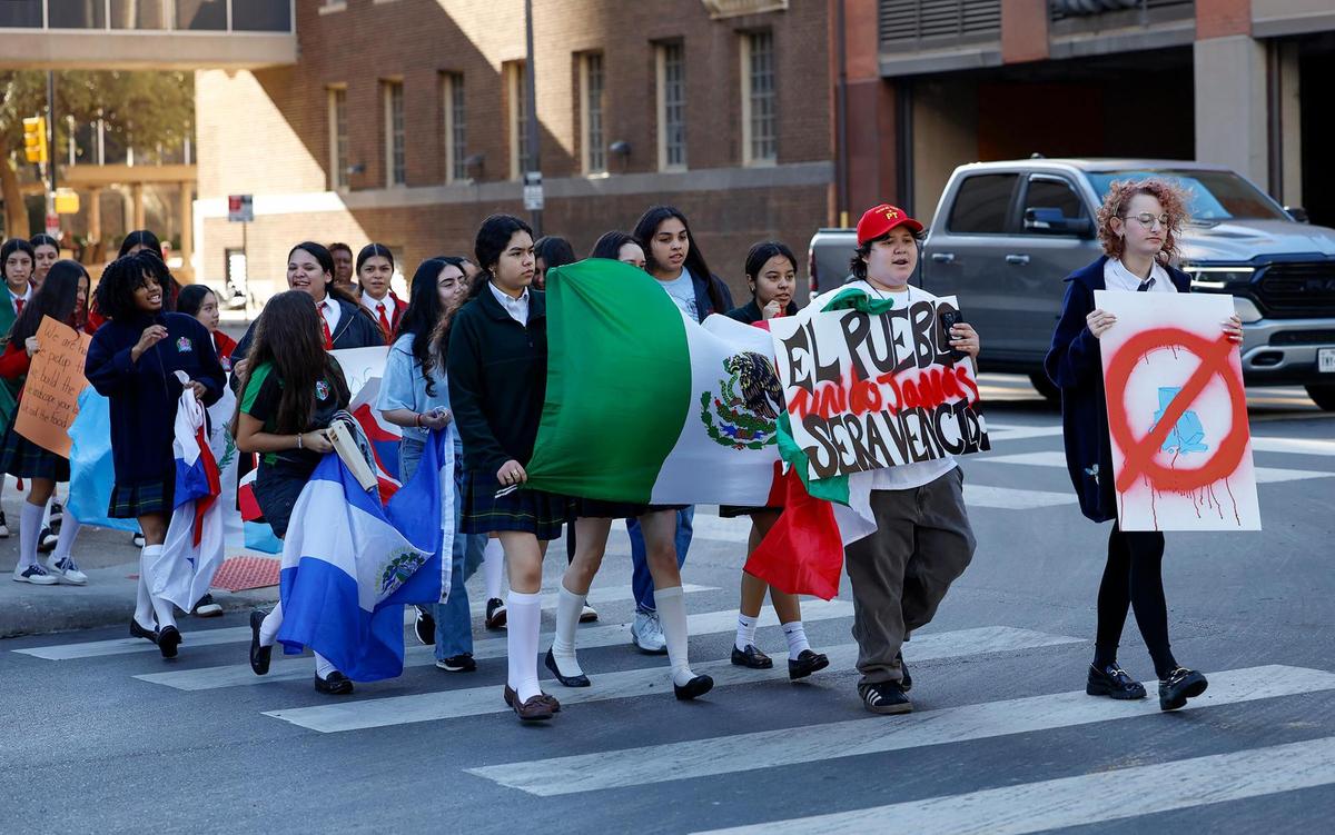 Students at Young Women’s Leadership Academy in downtown Fort Worth walk out of school on Monday, Feb. 3, to protest federal immigration policies they say are harming their families.