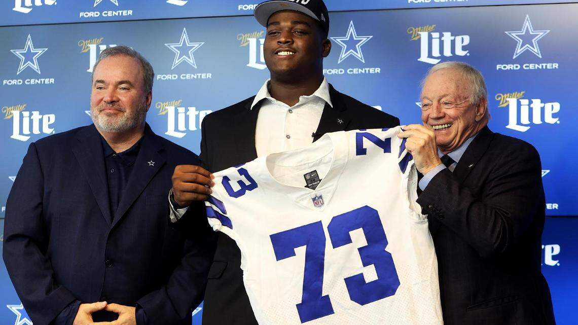 Shortly after Tyler Smith was the Cowboys No. 1 draft pick in 2022 he was joined by coach Mike McCarthy, left, and owner Jerry Jones at The Star in Frisco.