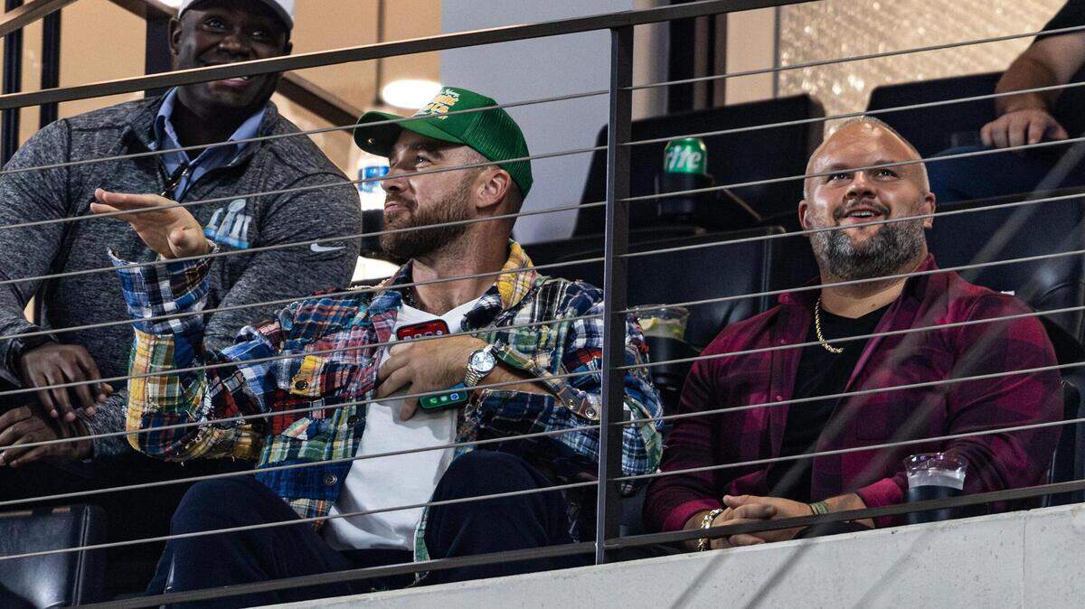 Kansas City Chiefs tight end Travis Kelce dances to the song ‘Shake It Off’ by pop star and new girlfriend Taylor Swift in between innings of Game 1 of the World Series between the Texas Rangers and the Arizona Diamondbacks at Globe Life Field in Arlington on Friday, Oct. 27, 2023.