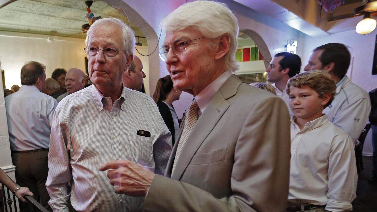 State Rep. Charlie Geren (R, left) at his watch party at The Original Mexican Restaurant, with supporter Ed Bass (right). Election night in Fort Worth, Texas, Tuesday, March 6, 2018.