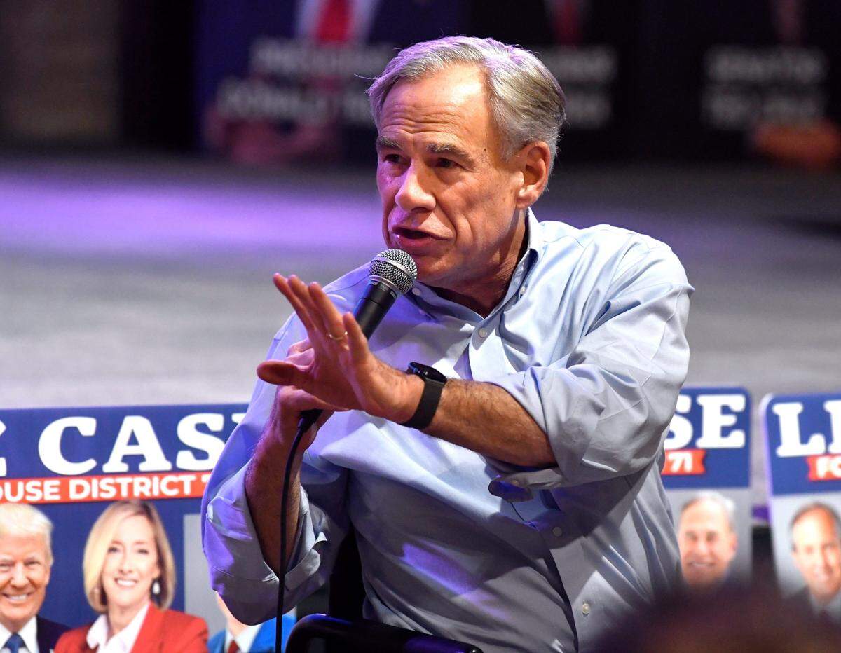 Gov. Greg Abbott speaks about the school voucher initiatives he put before the Texas House of Representatives during the last session, along with the four special sessions that followed, during Tuesday's rally for Liz Case Feb. 27, 2024. Case is challenging District 71 state Rep. Stan Lambert in next week's Republic primary, Lambert is one of several state representatives targeted by Abbott who failed to pass the governor's school voucher legislation.