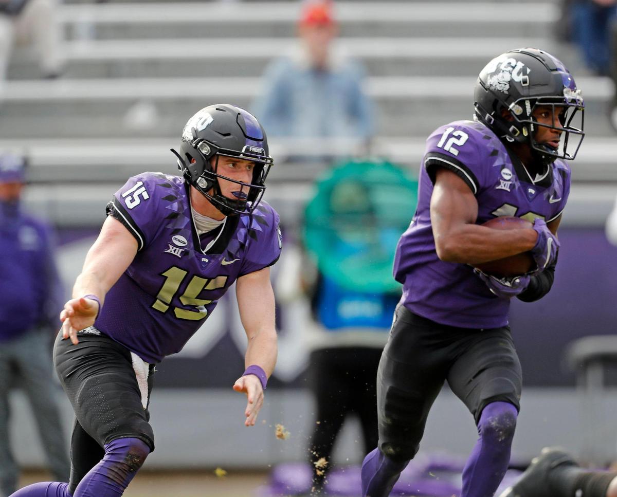 TCU wide receiver Derius Davis (12) takes the pitch from quarterback Max Duggan (15) in the second half of a NCAA football game at Amon G. Carter Stadium in Fort Worth, Texas, Saturday, Dec. 05, 2020. TCU defeated OSU 29-22. (Special to the Star-Telegram Bob Booth)