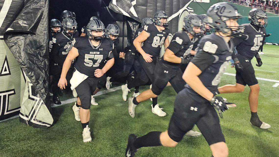 Arlington Martin takes the field before its District 8-6A title game against Arlington Bowie on Thursday, November 2, 2023 at Choctaw Stadium in Arlington, Texas.
