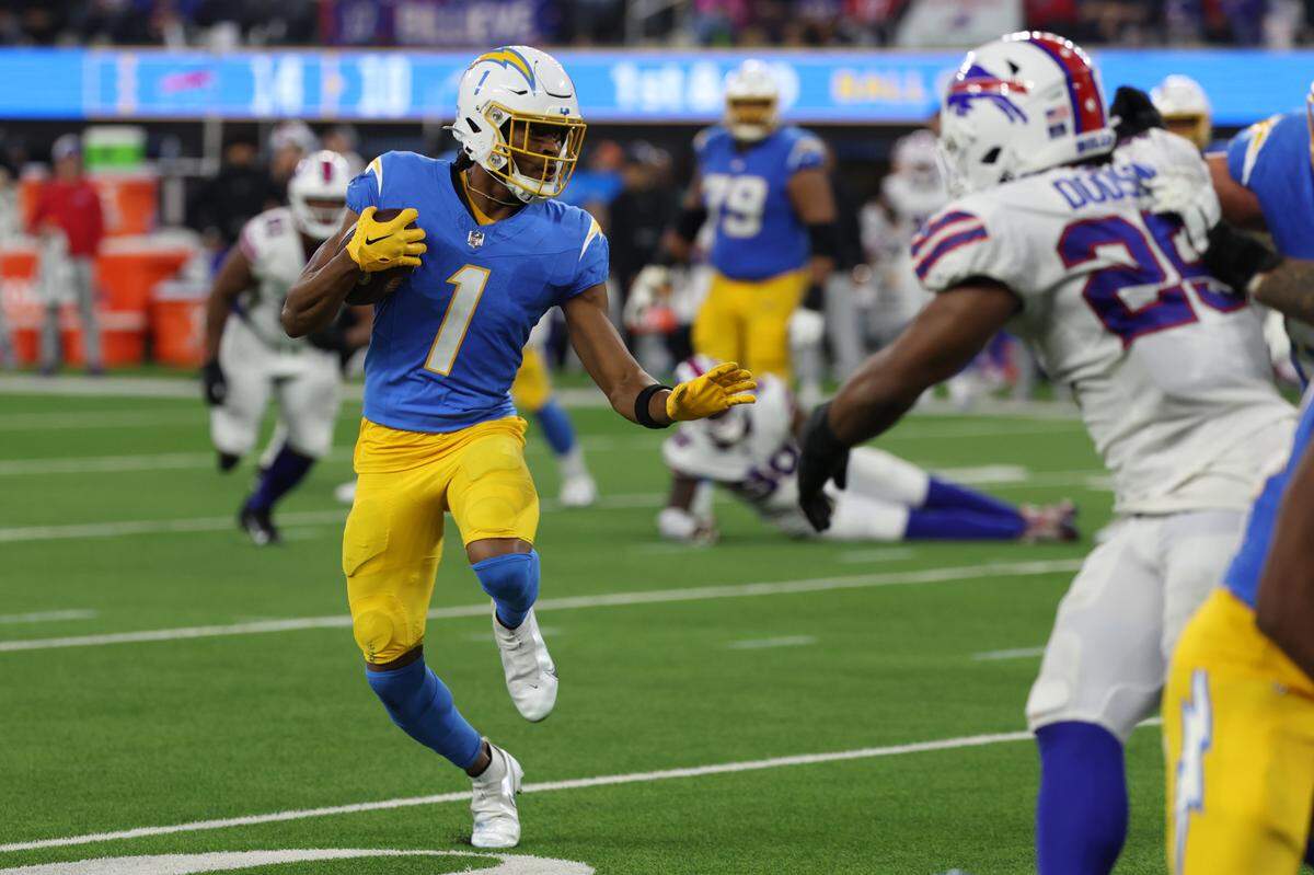 Los Angeles Chargers wide receiver Quentin Johnston (1) runs with the ball during the third quarter against the Buffalo Bills at SoFi Stadium during a game in the 2023 season. The former TCU standout is looking forward to his second year in the NFL.