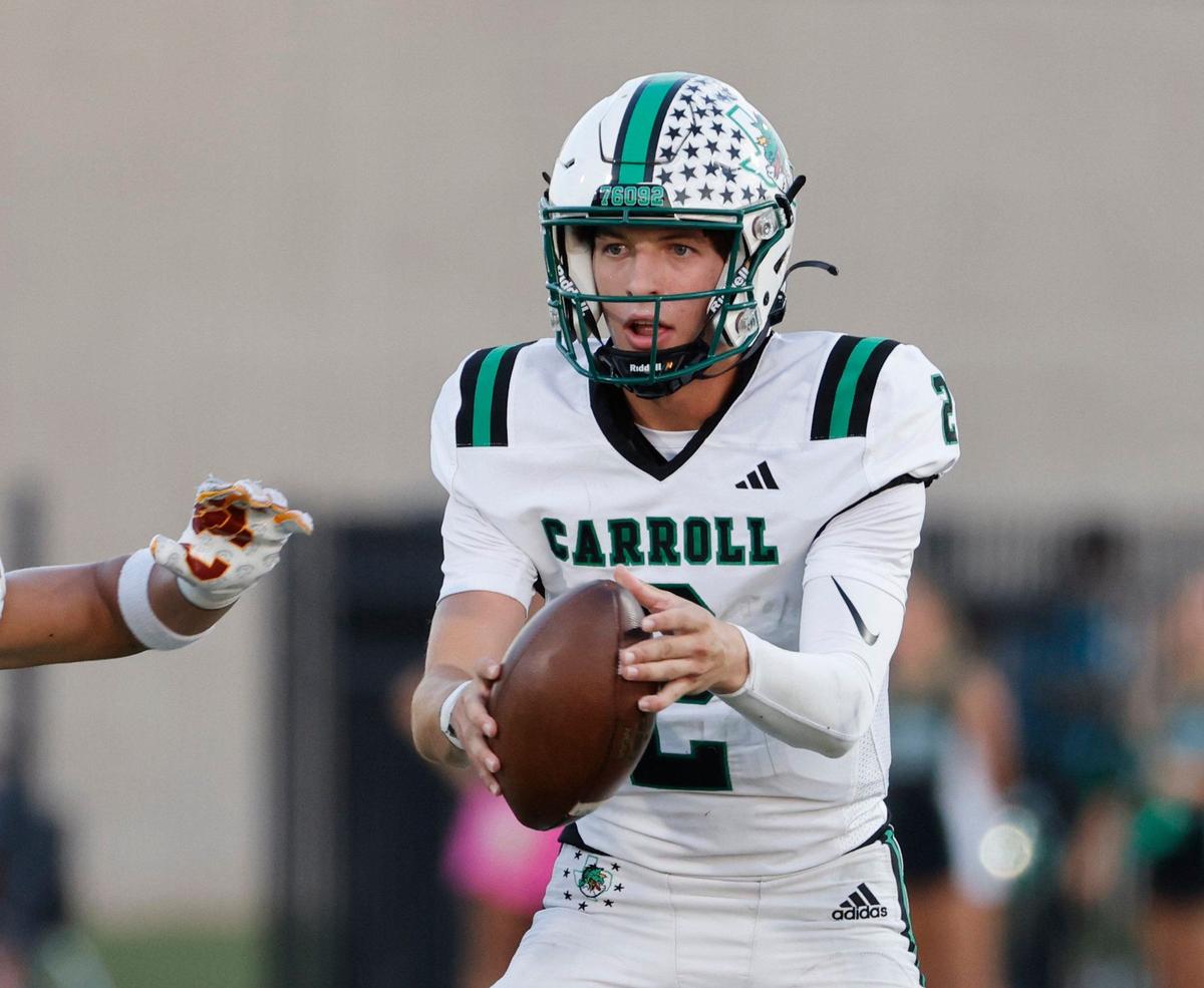 Southlake quarterback Angelo Renda (2) takes the snap in the second quarter during a UIL 6A Conference football game at Pennington Field in Bedford Texas, Friday, Sept. 20, 2024.
